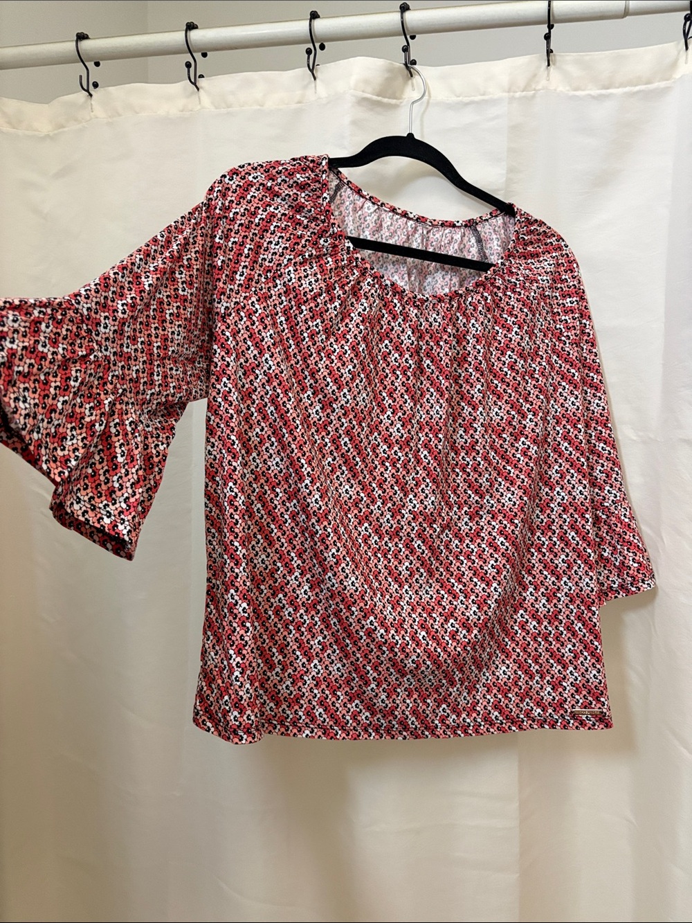 Women’s Red Patterned Blouse with Bell Sleeves